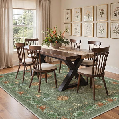 Bavni 8x10 Area Rugs for Living Room, Microfiber Machine Washable Non-Slip Vintage Floral Rug, Low Pile Lightweight Carpet for Bedroom, Dining Room, Home Office, Bean Green