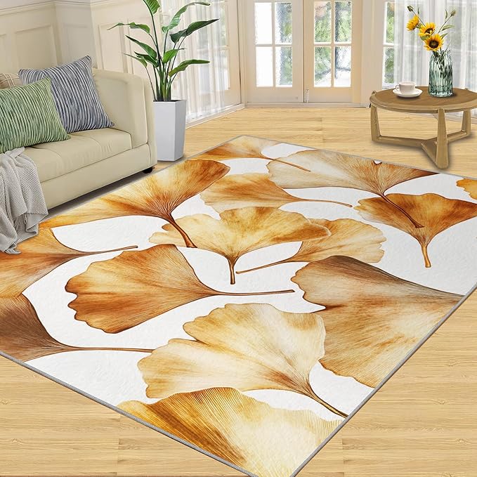 Golden Leaf Rugs for Bedroom - 5x8 Area Rug - 3D Ginkgo Leaf Rugs for Living Room, Modern Simple Art Rug, Non-Slip Washable Home Decor Carpet
