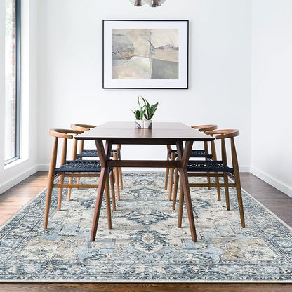 GENIMO 9x12 Area Rugs for Living Room, Machine Washable Non Slip Vintage Rugs, Low Pile Lightweight Chenille Print Rug for Bedroom, Dining Room, Home Office, Blue