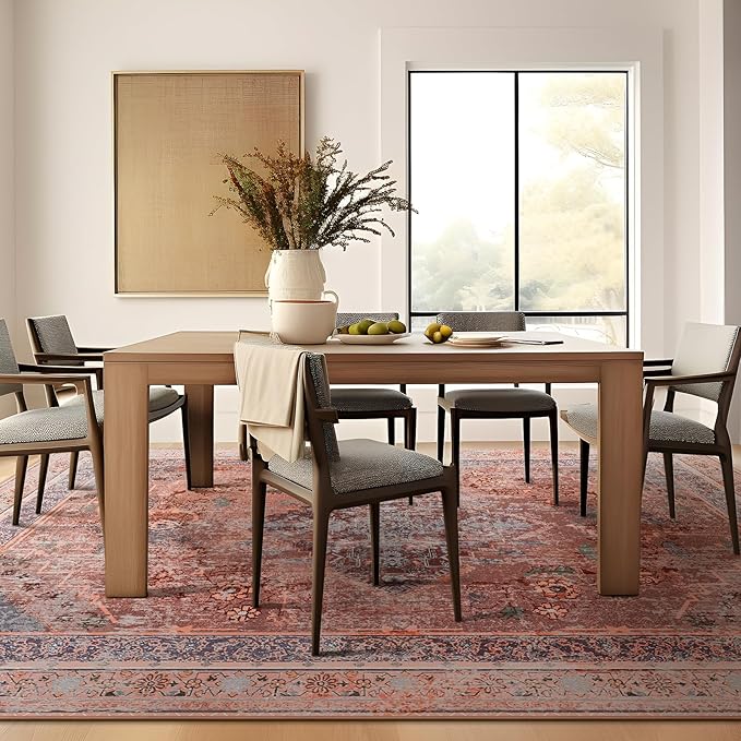 Phantoscope Washable Area Rug 4'x6' Non-Slip, Vintage Neutral Fall Rugs for Living Room, Bedroom, Dining Room, Distressed Boho Medallion Pattern, Low-Pile Foldable Floor Carpet, Rust Orange