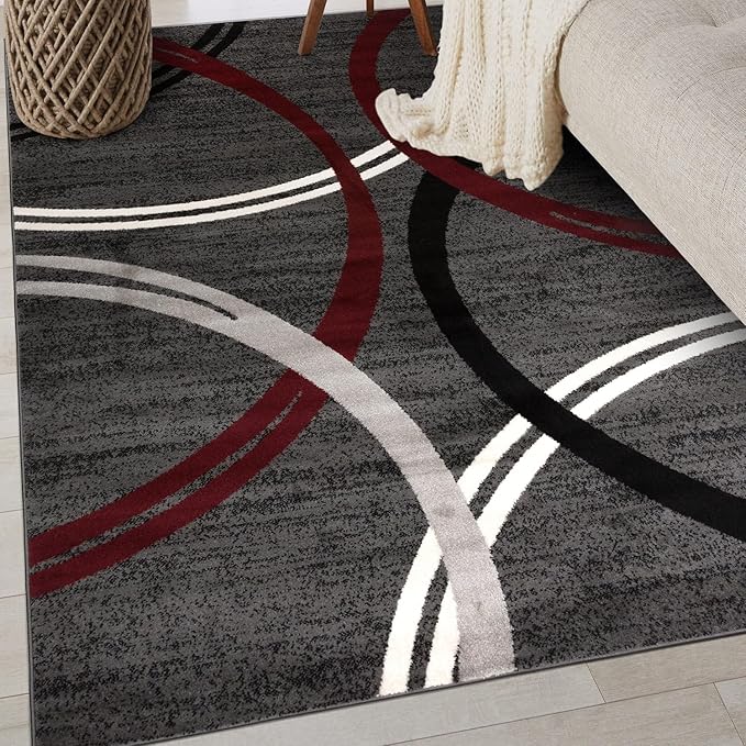Rugshop Modern Wavy Circles Design Non-Shedding Area Rug, Carpet for Bedroom, Entryway, or Office, Red, 3'3" x 5'