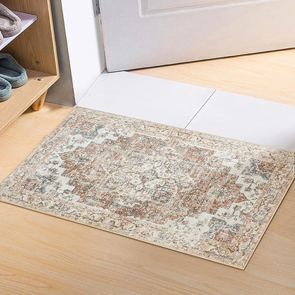 GENIMO Area Rug 2x3 Indoor Machine Washable Doormat, Low Pile Vintage Rugs, Small Retro Lightweight Entryway Mat for Entrance, Hallway, Kitchen and Corridor, Orange