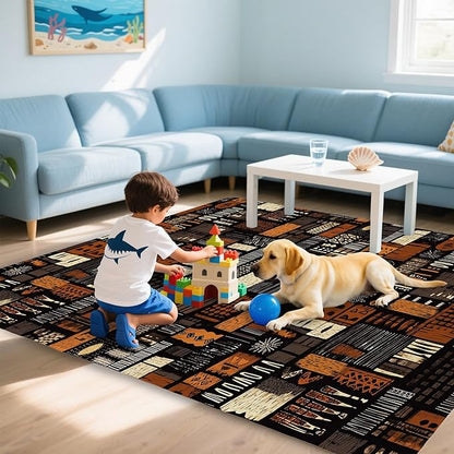 African Style Brown Orange Area Rug for Living Room, Non-Slip Backing Low Pile Modern Abstract Rug for Indoor Use, 5x7 Washable Carpet