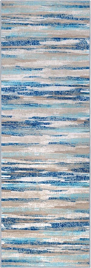 Modern Abstract Runner Rug 2.6x8, Blue Washable Kitchen Runner Non-Slip Soft Hallway Rug Runner Thin Print Faux Wool Carpet for Entryway Bedroom Laundry Room Indoor Home Decor