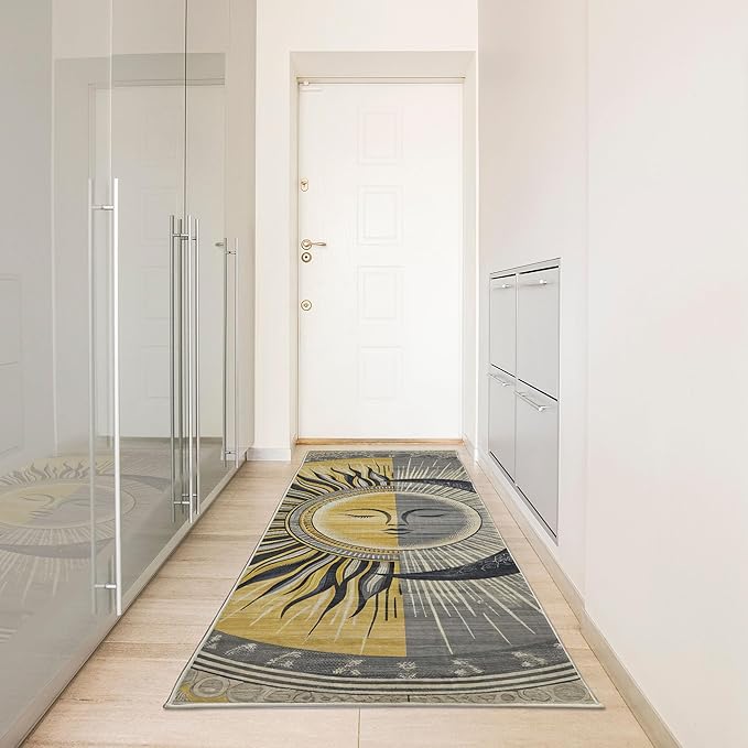 Ambesonne Sun and Moon Decorative Rug, Celestial Esotery Lunar and Solar Characters with Leafy Details Modern, Quality Carpet Bedroom Dorm and Living Room, 2' 5" x 7' 5", Mustard Purpleblue