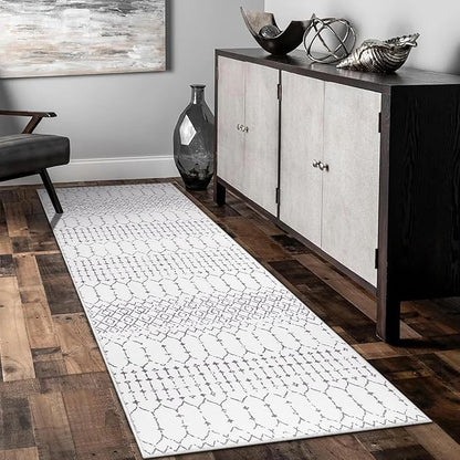 Lahome Moroccan Small Runner Rug 2x5 Rug Runner Non-Slip Washable Rug Runner Throw Lightweight Hallway Rugs Indoor Laundry Room, Geometric Print Carpet Runners for Bedroom Kitchen (White, 2'x5')