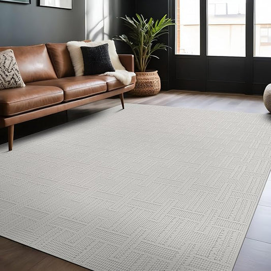Micro Loop Indoor Rug White 5x7 Boho Geometric Neutral Area Rugs for Living Room Soft Luxury Modern Low and High Pile Durable Stain Resistant Non-Shedding Indoor Area Carpet 5 x 7