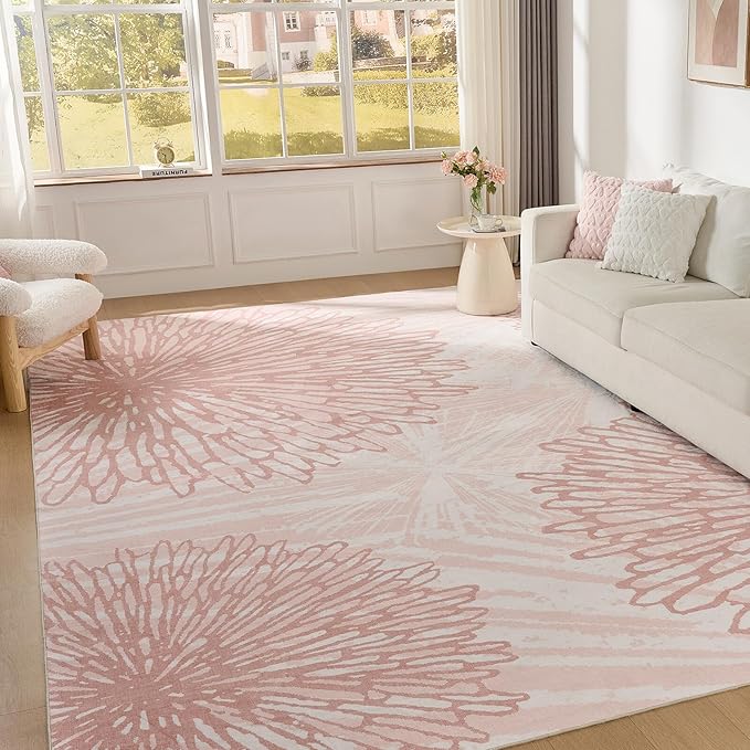 WITSHOCK Pink Rugs 12x15 for Bedroom Girls,Floral Modern Distress Print Pattern Carpet for Living Room Dining Room,Stain Resistant Anti Slip Backing Rugs for Kids Room Nursery Playroom,Light Pink