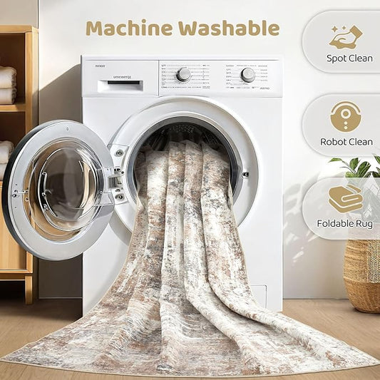 Runner Rug Kitchen Washable Rugs: 2x6 Non-Slip Abstract Soft Modern Stain Resistant Indoor Floor Neutral Accent Throw Carpet for Hallway Bathroom Laundry Room Entryway Bedroom- Brown