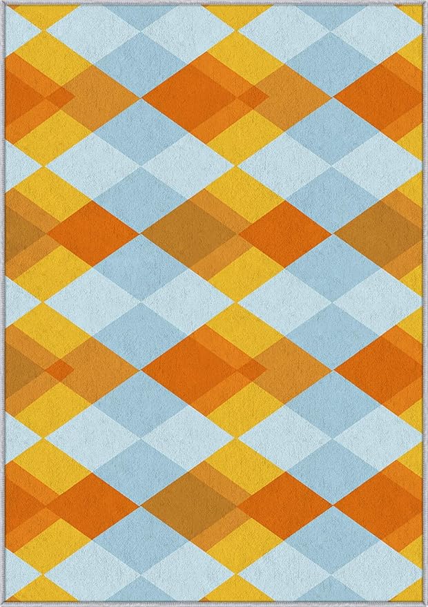Washable 5x6 Diamond Rug Living Room, Geometric Orange and Blue Plaid Design Area Rugs for Bedroom, Diamond Home Decor Carpet, Low Pile, Non Slip, Kids & Pet Friendly (N4141)