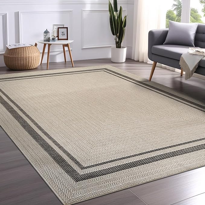 Beverly Rug Easy Jute Bordered Rug 10x14 Washable Large Indoor Outdoor Area Rugs for Living Dining Room Patio Office Stain Resistant Non Shedding Casual Indoor Outside Carpet 10 x 14 Off-White