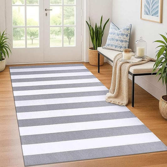 KOZYFLY Grey and White Striped Rug 4'x6' Indoor Outdoor Rug Cotton Hand-Woven Washable Striped Layered Doormats for Front Door/Kitchen/Farmhouse/Entryway/Patio