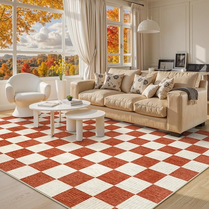 Machine Washable 5x7 Area Rugs for Living Room Checkered, Non Slip Soft Low Pile Farmhouse Halloween Modern Neutral Playroom Boys Rugs for Bedroom, Large Carpet Rugs for Dining Room(Orange,5'x7')