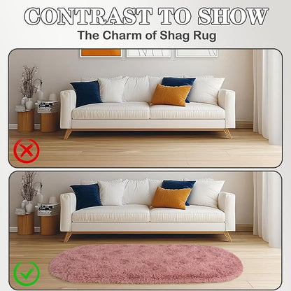 Soft Fluffy Area Rug for Bedroom, Blush Pink Fuzzy Shaggy Oval Throw Rugs for Bedside, Non-Slip Cozy Plush Shag Carpet for Girls Kids Room Nursery Dorm Living Room, 2.6 x 5.3 Feet