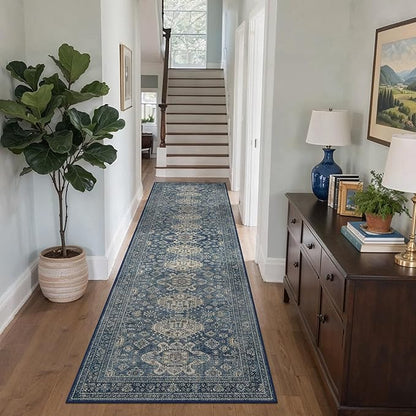 Bavni Washable Runner Rug 2’6”x10’, Non Slip Long Hallway Runner, Vintage Aesthetic Ultra Thin Low Pile Washable Carpet for Kitchen Bedroom, Blue