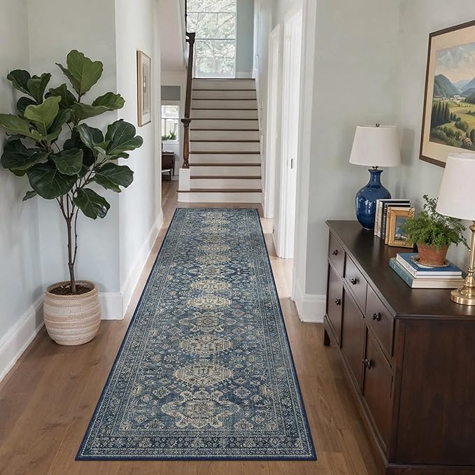 Bavni Washable Runner Rug 2’6”x8’, Non Slip Vintage Hallway Runner, Ultra Thin Low Pile Washable Carpet for Kitchen Entryway Bedroom, Blue