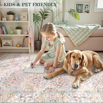 Lahome Floral Washable Rugs 8x10, Soft 8x10 Area Rugs for Living Room Bedroom, Boho Non-Slip Pink Forest Design Large Throw Carpet for Farmhouse Dining Room Office, Pink
