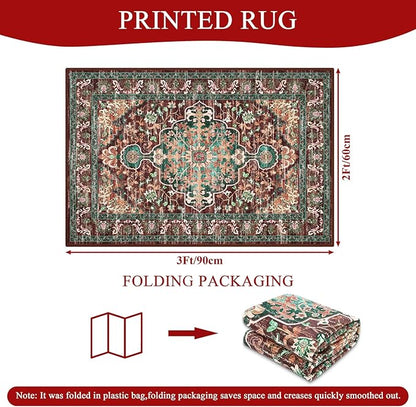 U'Artlines 2x3 Washable Boho Area Rug, Small Non Slip Vintage Doormat for Indoor Front Door Ultra Thin Mat Carpet for Entryway Kitchen Bathroom Bedroom Rust＆Teal