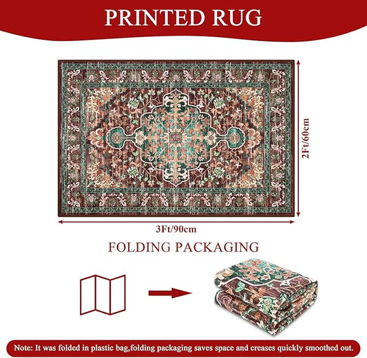 U'Artlines 2x3 Washable Boho Area Rug, Small Non Slip Vintage Doormat for Indoor Front Door Ultra Thin Mat Carpet for Entryway Kitchen Bathroom Bedroom Rust＆Teal