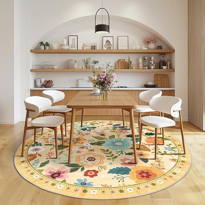 Floral 8ft Area Rug Machine Washable Soft Print Boho Carpet Non Slip Doormat Low Pile Flower Area Rugs for Living Room Bedroom Nursery Kitchen Dining Room Indoor-Ivory/Yellow