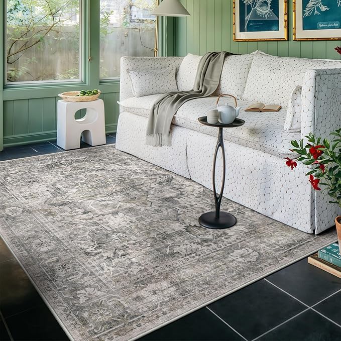 4x6 Machine Washable Area Rug for Living Room, Olive Grey Boho Vintage Floral Rug Large Non-Slip Low Pile Soft Faux Wool Carpet, Kids and Pets Friendly for Bedroom Dining Room Farmhouse Decor Rug