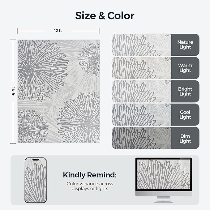 WITSHOCK 12x14 Washable Rug for Living Room,Modern Floral Distress Print Pattern Area Rugs,Stain Resistant with Non Slip Backing Carpet for Dining Room,Bedroom & Home Decor,Grey White