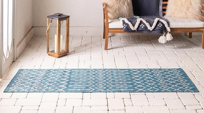Unique Loom Outdoor Trellis Collection Area Rug - Tribal Trellis (2' x 8' Runner, Teal/ Ivory)