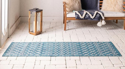 Unique Loom Outdoor Trellis Collection Area Rug - Tribal Trellis (2' x 8' Runner, Teal/ Ivory)