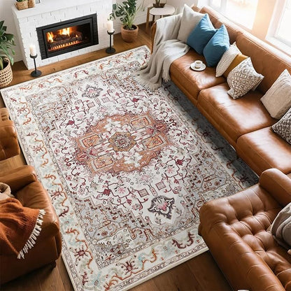 Large Area Rugs 8x10, Washable Vintage Rugs -Low Pile, Soft Plush Rugs for Bedroom, Kitchen, Dining Room, Stain Resistance, Non Shedding & Kid & Pet Friendly, Beige