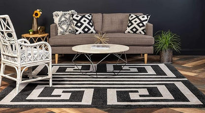 Unique Loom Athens Collection Classic Geometric Modern Border Design Area Rug (8' 0 x 8' 0 Square, Black/ Beige)