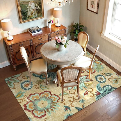 Lahome Floral Washable Rug for Living Room - Area Rugs 5x7 Non-Slip Lightweight Bedroom Throw Soft Kid Room Nursery Carpet, Boho Beige Paisley Print Indoor Carpet for Office Dining Room Kitchen