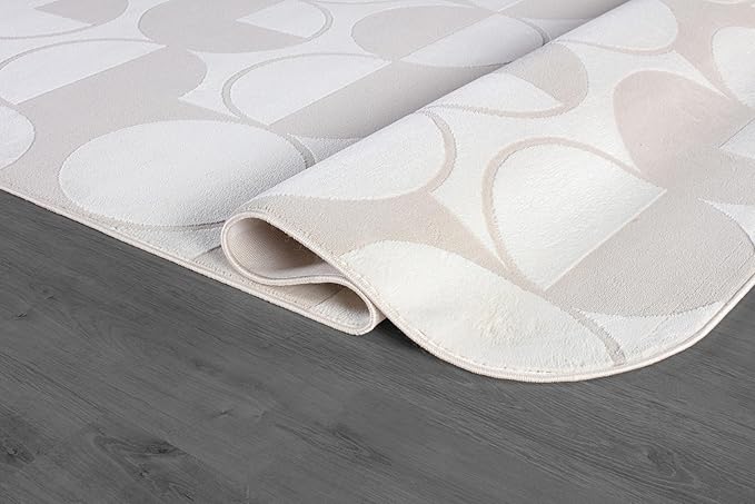 Beverly Rug Modern Geometric Area Rug 6x9 Low-High Pile Durable Soft Abstract Circular Indoor Rugs for Living Dining Room Office Stain Resistant Non Shedding Casual Indoor Carpet Beige White 6 x 9