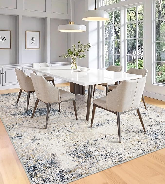 8x10 Area Rugs Machine Washable - Modern Abstract Large Rugs for Living Room Soft Anti-Skid Thin Carpet for Bedroom, Under Dining Table, Nursery, Farmhouse,Home Office (8'x10' Beige Blue)