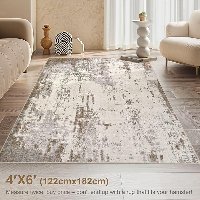 4x6 Area Rug Living Room Rugs - Washable Neutral Modern Abstract Soft Thin Rug Indoor Floor No Slip Rug Carpet for Bedroom Under Dining Table Home Office Decor - Brown/Grey/Beige