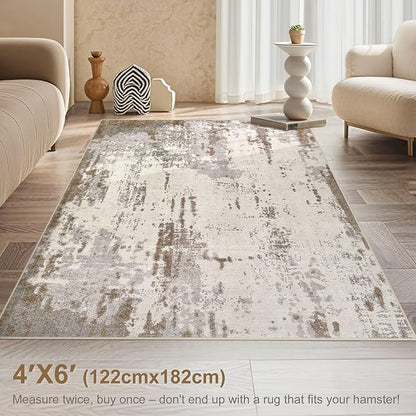 4x6 Area Rug Living Room Rugs - Washable Neutral Modern Abstract Soft Thin Rug Indoor Floor No Slip Rug Carpet for Bedroom Under Dining Table Home Office Decor - Brown/Grey/Beige