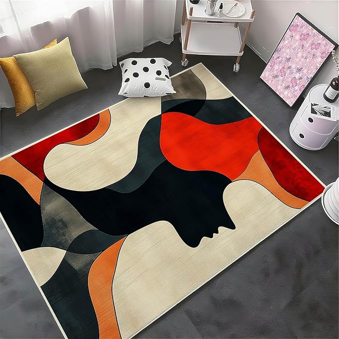 10x12 Abstract Rug, Abstract Area Rug, Geometric Area Rugs, Modern Geometric Rugs, Minimalist Face Carpet, Contemporary Carpet for Living Room, Non Slip & Faux Cashmere Low Pile