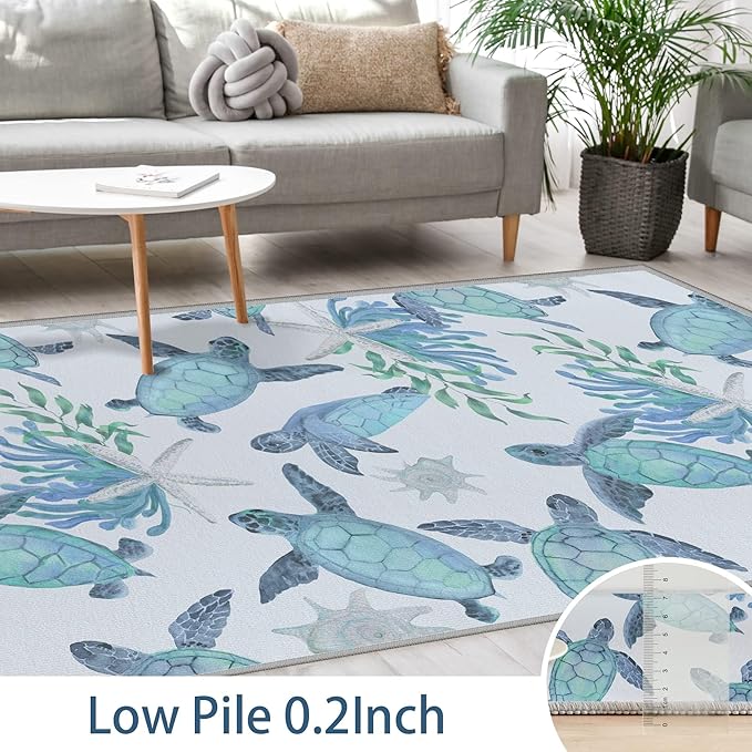 Tritard Coastal Sea Turtles Area Rugs Beach Themed Nautical Starfish Coral Accent Rugs Non-Slip Sea Marine Life Rugs Floor Carpet for Living Room Bedroom, Blue, 3x5 Feet