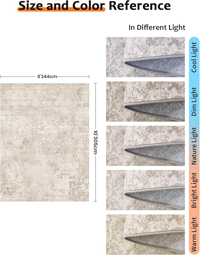 Art&Tuft Washable Rugs 8x10, Area Rugs for Living Room - Non Slip and Low Pile Soft Thin Abstract 8x10 Rug for Bedroom, Dining Room, Kitchen, Office, Beige