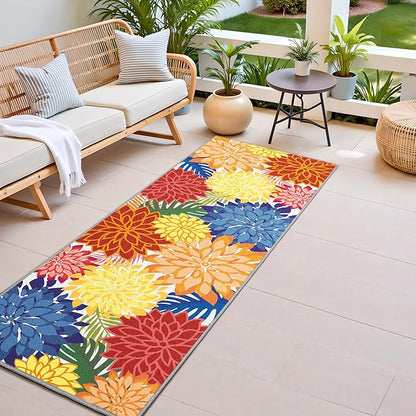 Colorful 2x6 Washable Runner Rug for Hallway Tropical Botanical Modern Floral Chenille Kitchen Rugs Low Pile Non Slip Carpet for Patio, Bedroom, Laundry, Rainbow