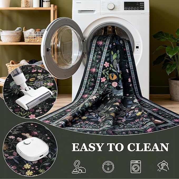 5x7 Area Rugs Living Room Rug: Vintage Washable Rug Floral Soft Carpet Indoor Floor Non-Slip Boho Stain Resistant Large Carpets for Bedroom Kids Nursery Dining Room Farmhouse Home Office Black/C02