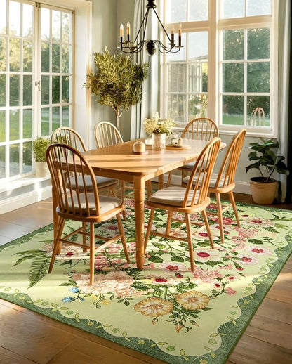 Floral Area Rug Living Room - 8x10 Washable Rugs Low Pile Non-Slip Soft Bedroom Rugs Under Bed Stain Resistant Accent Indoor Vintage Carpet for Dining Room Nursery Home Office Decor, Green