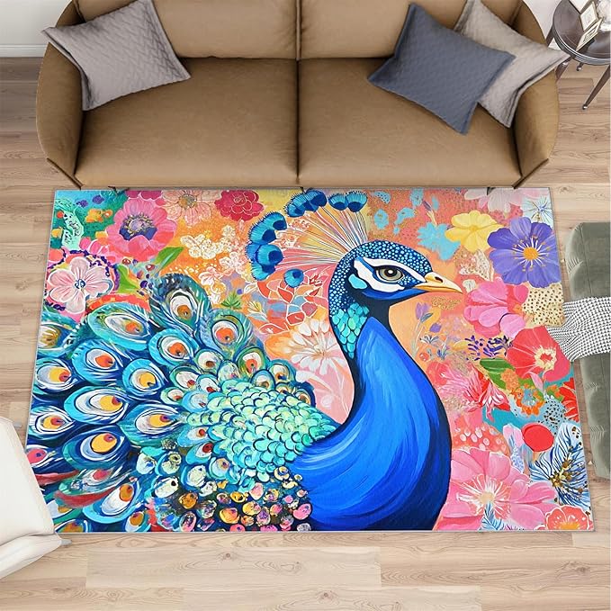 Peacock Area Rug 3x4-3x4 Rug, Boho Floral Rugs for Living Room, Colorful Carpet, Oil Painting Art Washable Area Rugs for Bedroom, Aesthetics Carpet - Peafowl Home Decor & Gifts