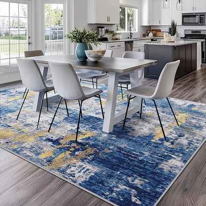Washable Area Rugs 6'x9' Non-Slip Modern Abstract Soft for Living Room Entryway Bedroom Nursery, Print Pattern, Grey Blue Gold/Golden