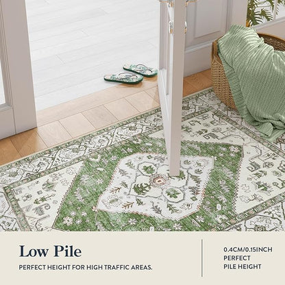 Lahome Boho Green Hallway Runner - 2x6 Washable Kitchen Runner Rug Non-Slip, Ultra-Thin Vintage Print Carpet Rug for Entryway Bedroom Laundry Room (Green, 2'x6')