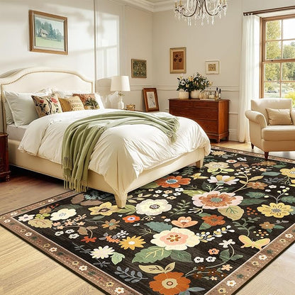 Floral 5x7 Area Rug Machine Washable Soft Print Boho Carpet Non Slip Doormat Low Pile Flower Area Rugs for Living Room Bedroom Nursery Kitchen Dining Room Indoor-Black/Yellow/Red
