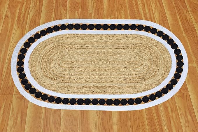 Flatweave Runner 2.6x24 Oval Kilim Jute Runner Hand Braided Jute Thick 0.27" Solid Pattern Black Beige Natural Oval Handmade Boho Indoor Outdoor Rugs for Hallway Enterway Stair Corridor