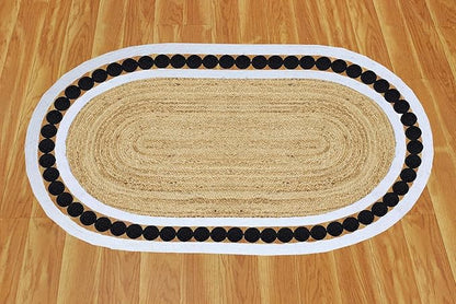 Flatweave Runner 4x20 Oval Kilim Jute Runner Hand Braided Jute Thick 0.27" Solid Pattern Black Beige Natural Oval Handmade Boho Indoor Outdoor Rugs for Hallway Enterway Stair Corridor