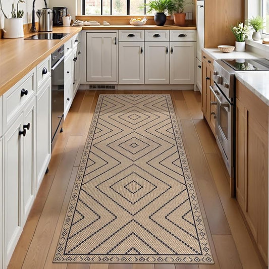 Tangsoo Easy Jute Rug 2x6 Washable Runner Rug for Hallways,Neutral Geometric Ultra Thin Indoor Carpet Runner Farmhouse Long Rnner Mat for Kitchen Entryway Laundry