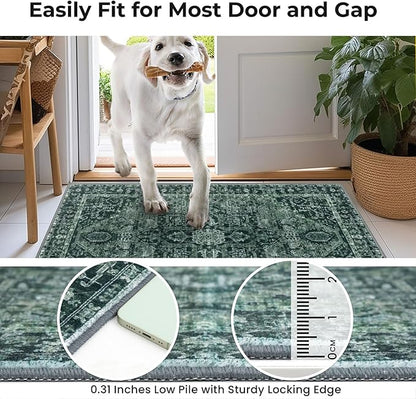KOZYFLY Runners for Hallways 2x8 Ft Washable Kitchen Runner Rug Boho Entry Rug for Hallways Indoor Printed Faux Wool Long Floor Carpet for Entryway Bedroom Kitchen Hallway, Dark Green