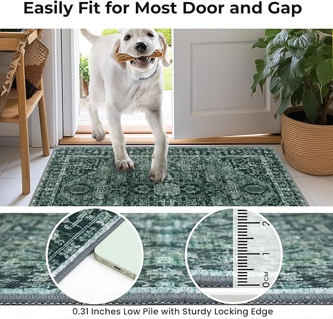 KOZYFLY Runners for Hallways 2x12 Ft Extra Long Washable Kitchen Runner Rug Boho Entryway Rug for Hallways Indoor Printed Faux Wool Stair Runner Carpet for Stairs Kitchen Hall, Dark Green
